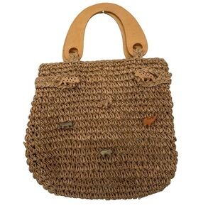 Vintage Woven Safari Animals Accents Wooden Handle Bag